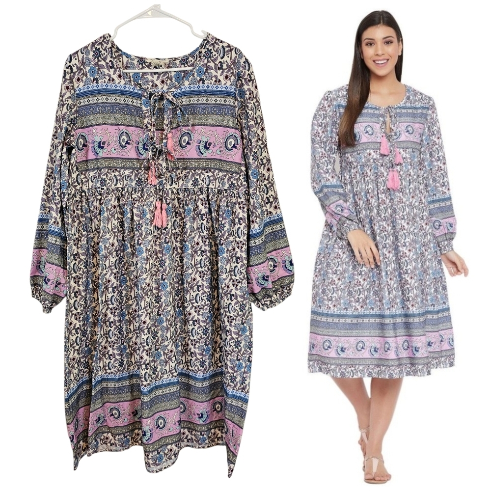 Gypsy Blu Mixed Printed Bohemian Long Sleeve Midi Cutout Tassel Dress